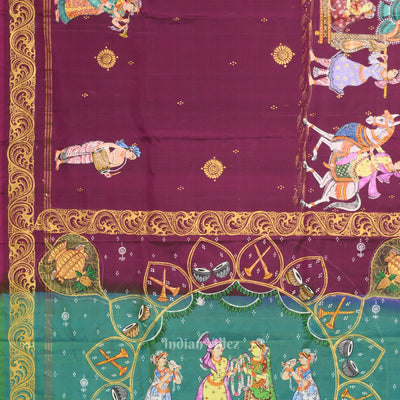 Magenta Pink Green Ram Sita Vivah Theme Pattachitra Saree