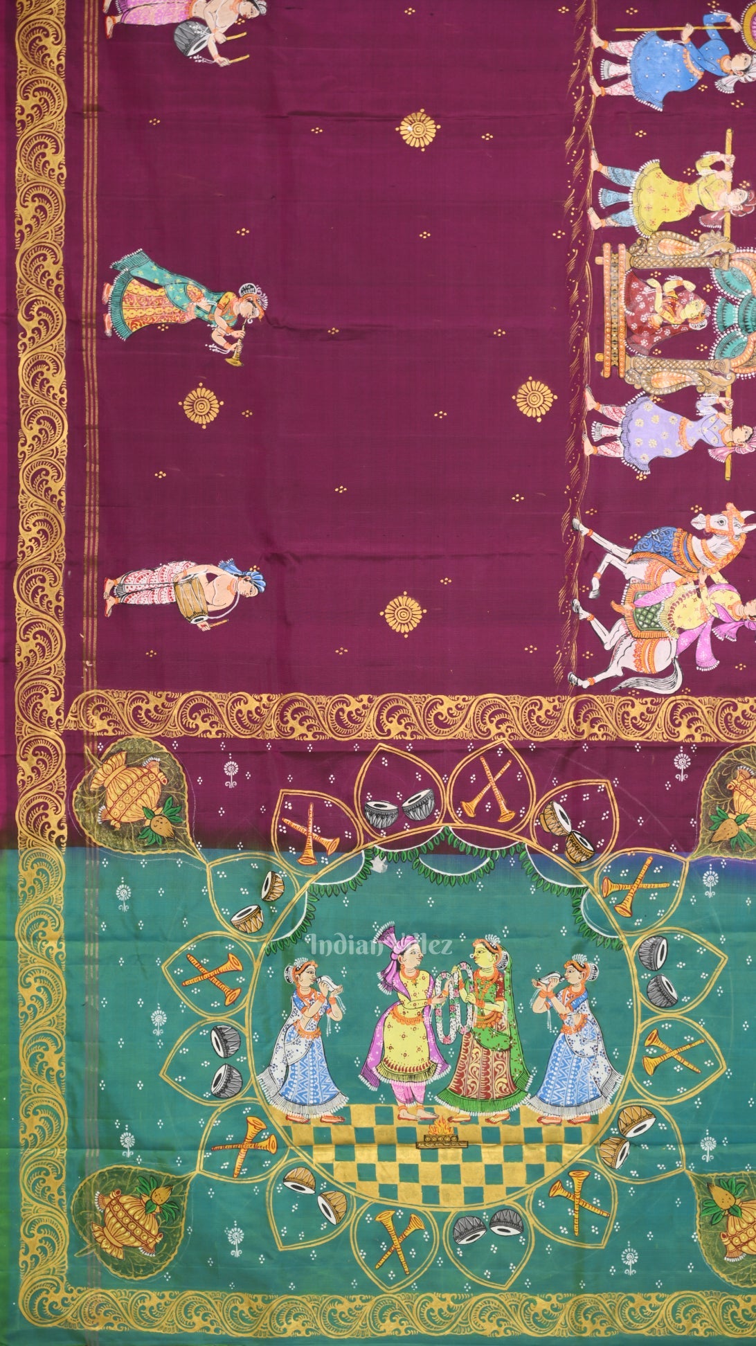 Magenta Pink Green Ram Sita Vivah Theme Pattachitra Saree