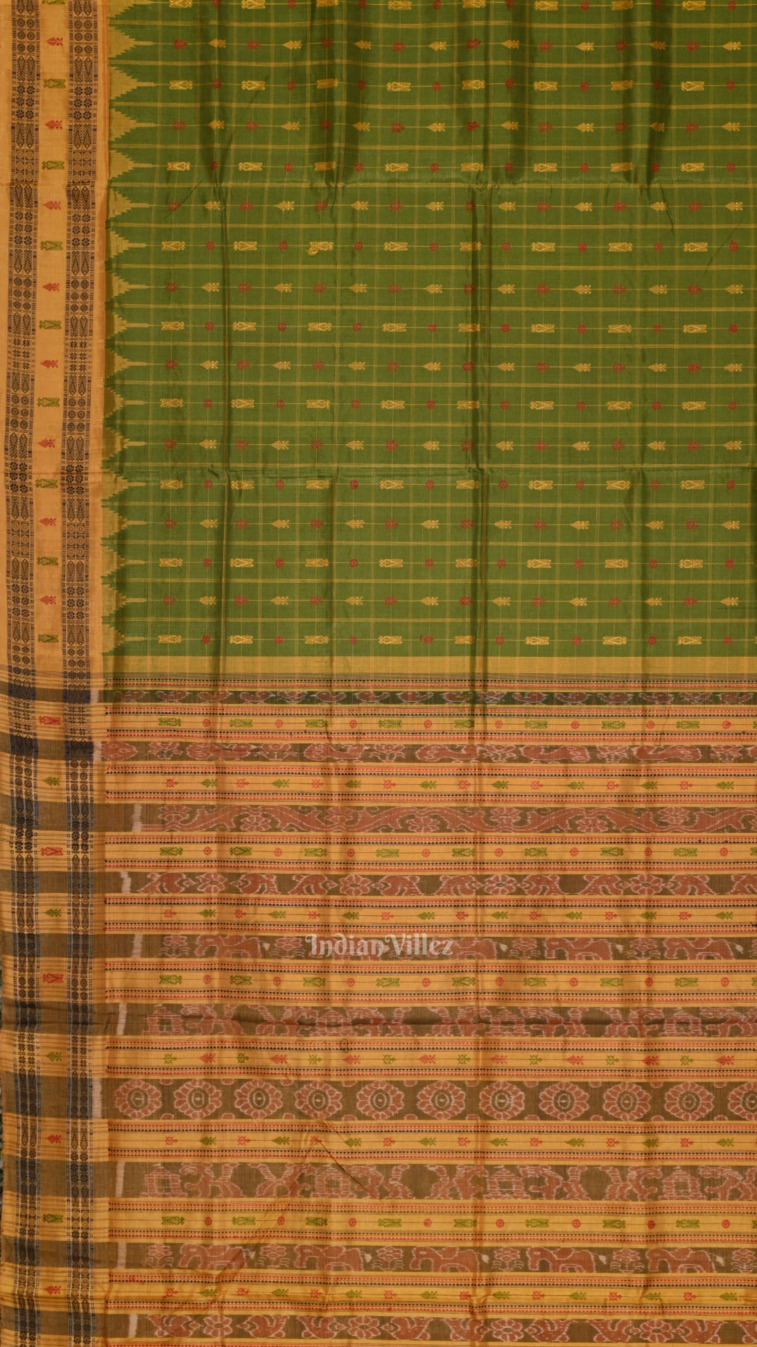 Green Yellow Hazar Buti Bomkai Tussar Silk Saree with Sarabandha Anchal