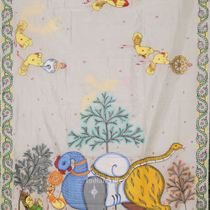 White Arjuna Bows to Navagunjara Hand-Painted Pattachitra Saree