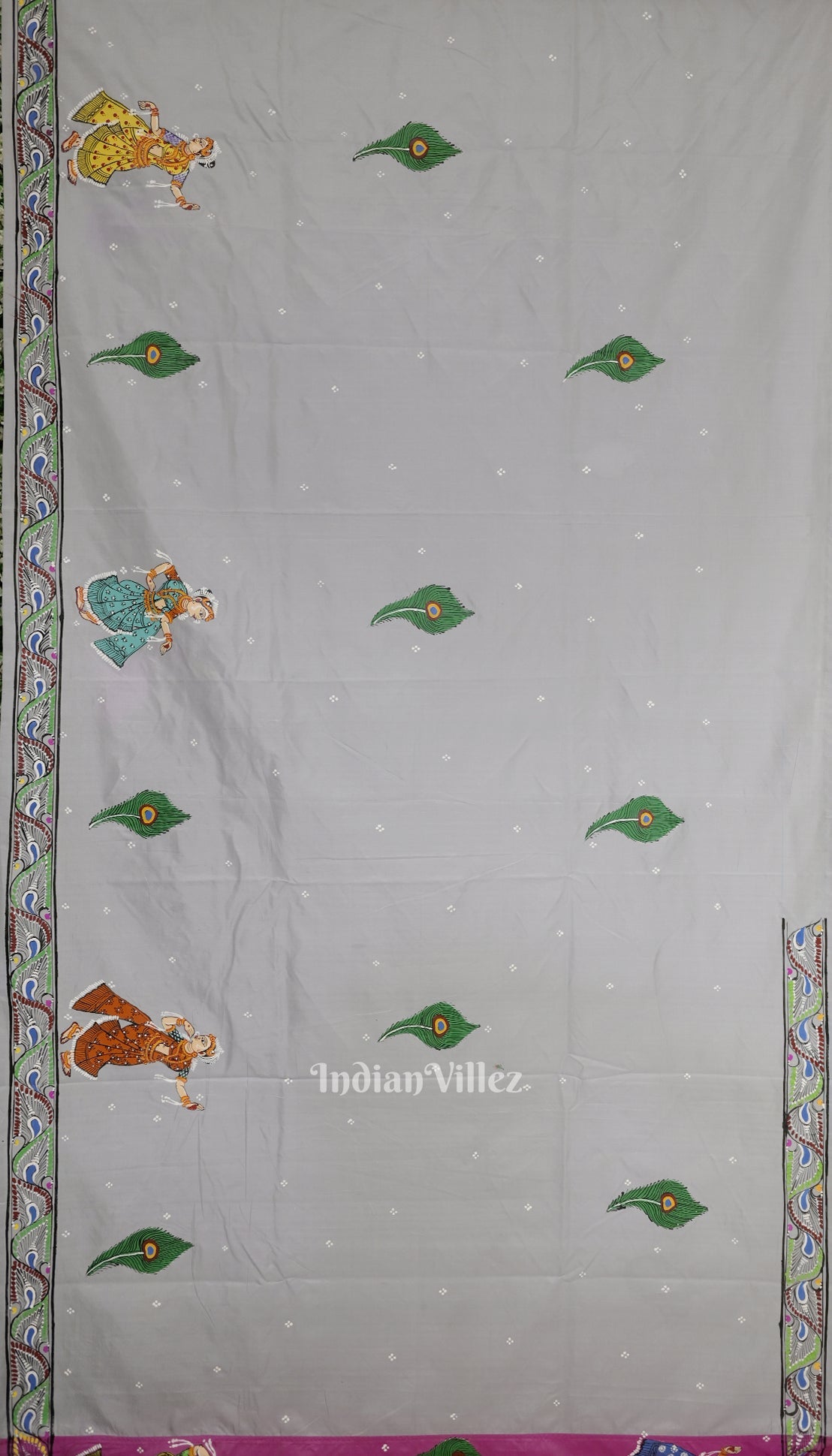 Pink Grey Boita Rasaleela Theme Hand-Painted Pattachitra Saree