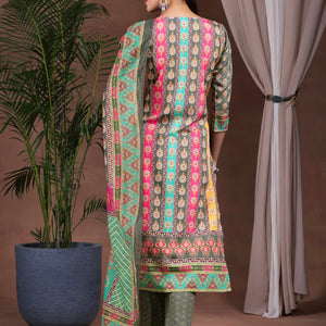 Grey Printed Poly Crepe Straight Suit With Dupatta