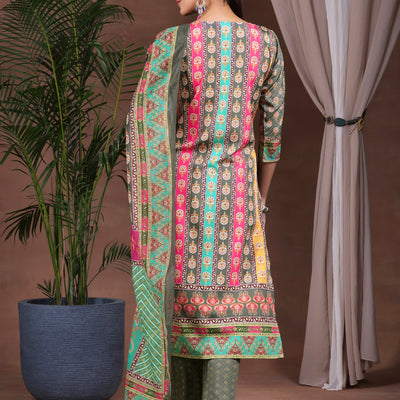 Grey Printed Poly Crepe Straight Suit With Dupatta