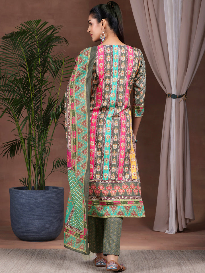 Grey Printed Poly Crepe Straight Suit With Dupatta