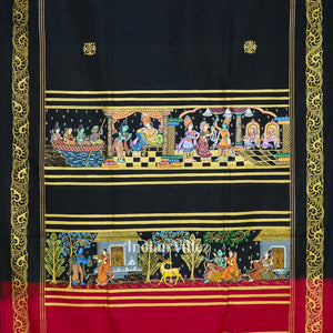 Black Rani Ramayana Theme Hand-Painted Pattachitra Saree