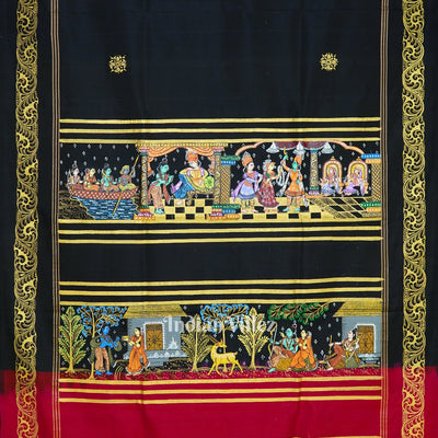 Black Rani Ramayana Theme Hand-Painted Pattachitra Saree