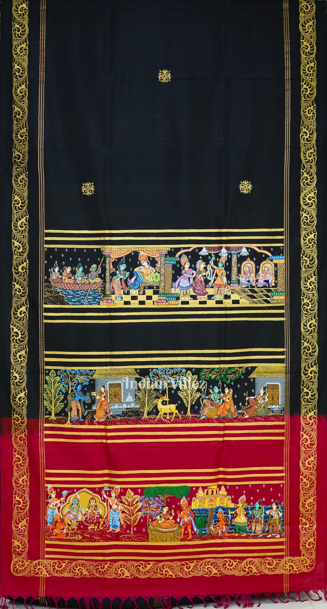 Black Rani Ramayana Theme Hand-Painted Pattachitra Saree
