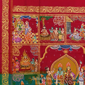 Red with Sea Green Ramayana Theme Hand-Painted Pattachitra Saree