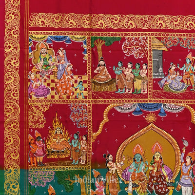 Red with Sea Green Ramayana Theme Hand-Painted Pattachitra Saree