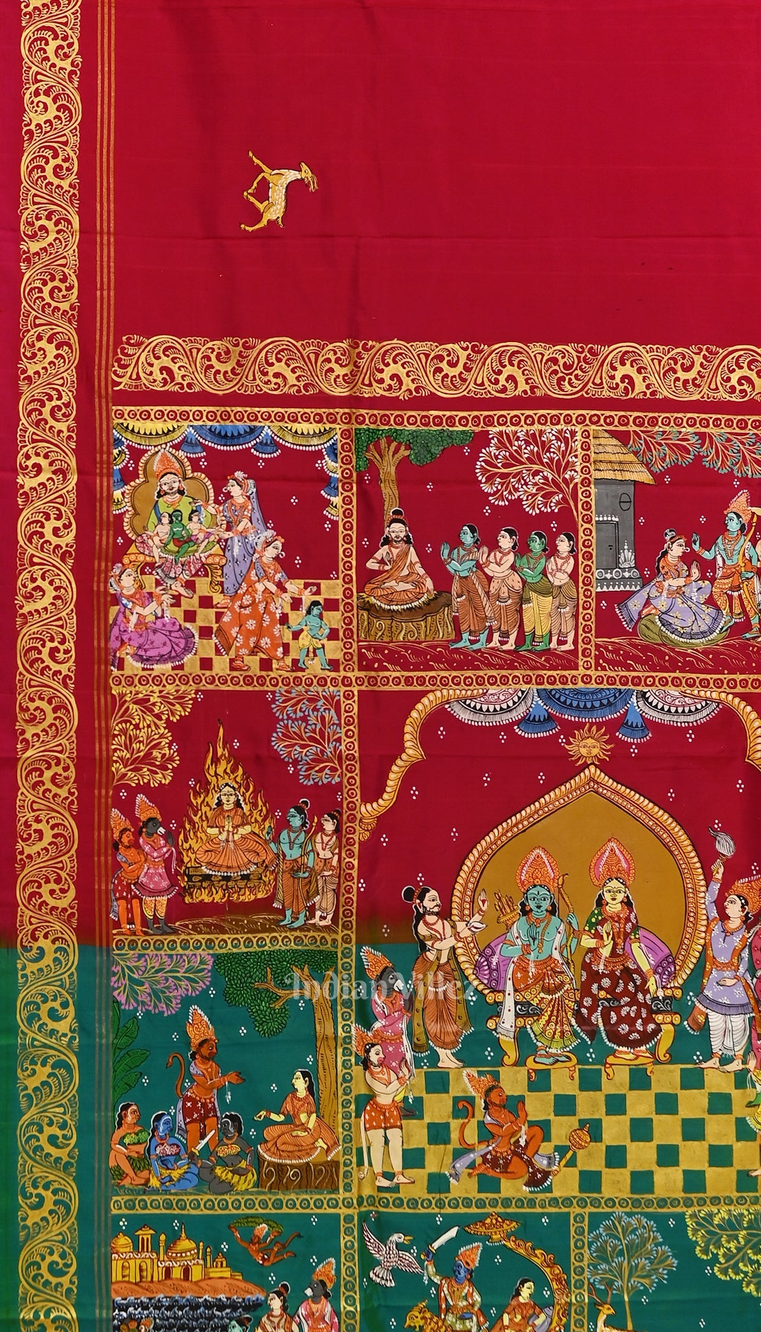 Red with Sea Green Ramayana Theme Hand-Painted Pattachitra Saree