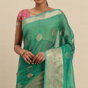 Morpich Green Woven Organza Saree