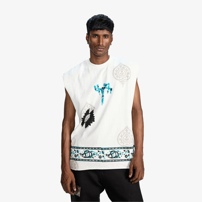 F A R A K | SLEEVELESS BLOCK-PRINTED T-SHIRT { WHITE
