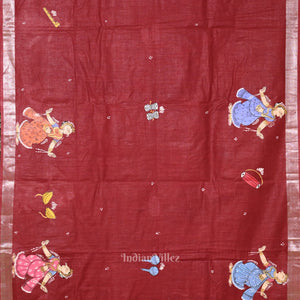 Maroon Nartaki Musical Theme  Hand-Painted Pattachitra Saree