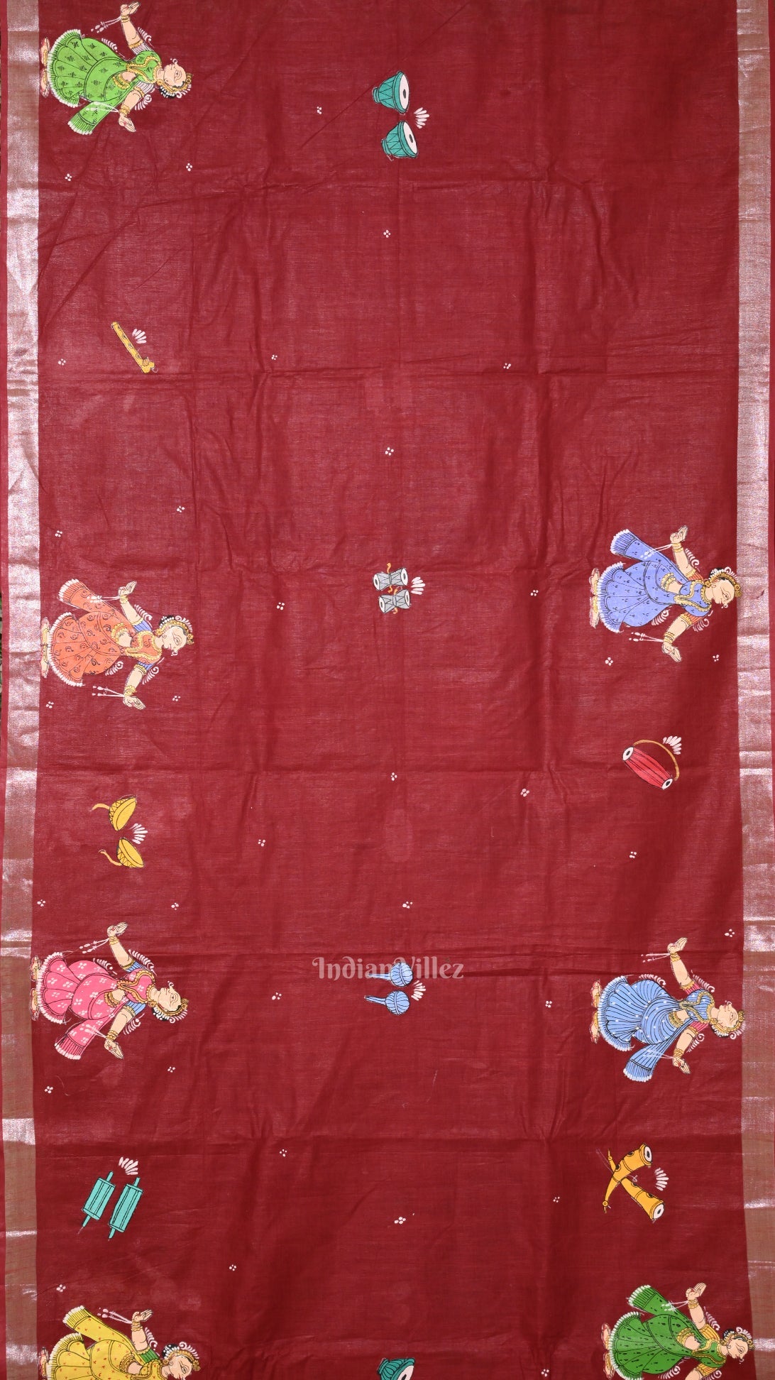 Maroon Nartaki Musical Theme  Hand-Painted Pattachitra Saree