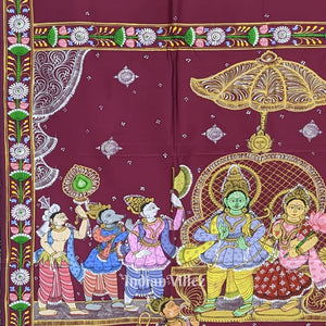 Magenta Ramayan Theme Hand-Painted Pattachitra Saree