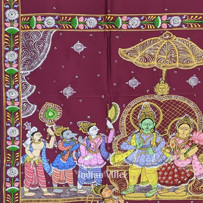 Magenta Ramayan Theme Hand-Painted Pattachitra Saree