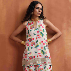 trueBrowns Off White Print Sharara Set