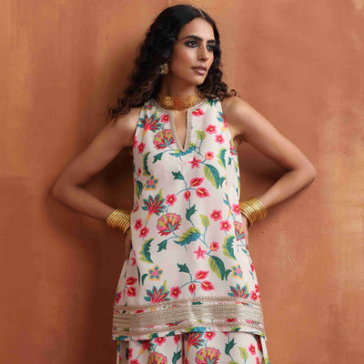 trueBrowns Off White Print Sharara Set