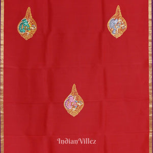 Red Radha Krishna Boita Theme Hand-Painted Pattachitra Saree