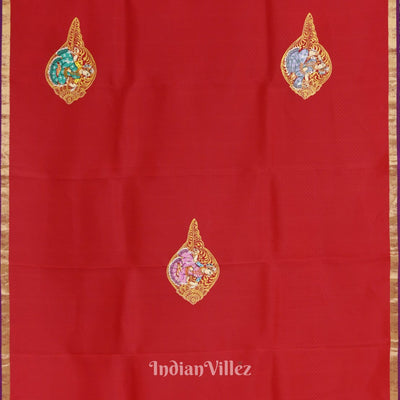 Red Radha Krishna Boita Theme Hand-Painted Pattachitra Saree