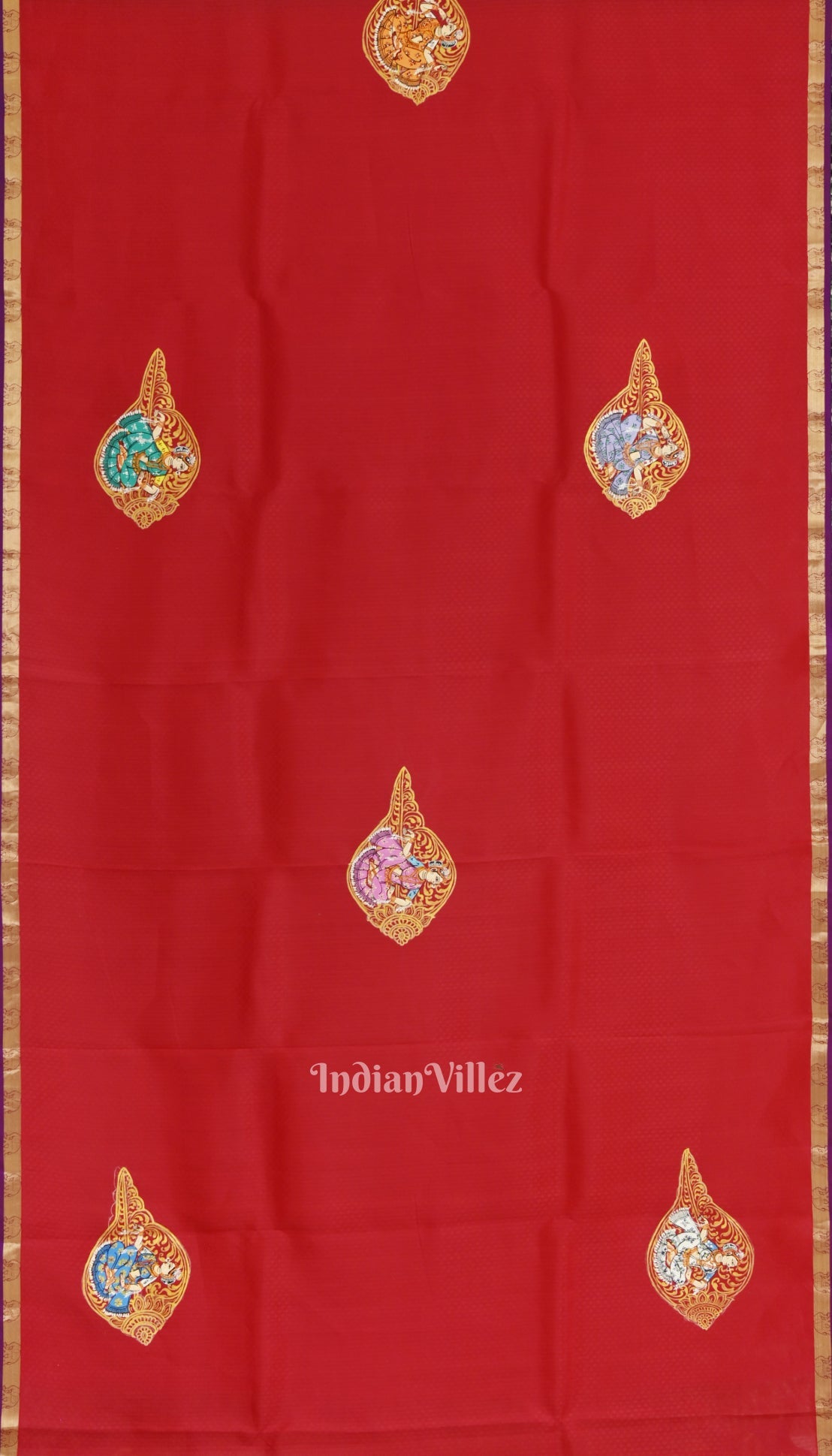 Red Radha Krishna Boita Theme Hand-Painted Pattachitra Saree