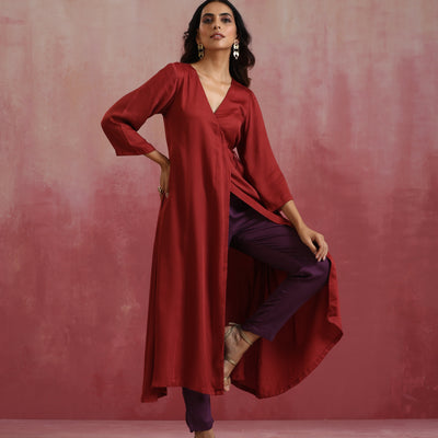 trueBrowns Maroon Modal Angrakha Kurta Set