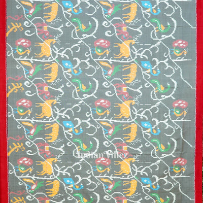 Grey Nature With Wildlife Design Pochampally Ikat Silk Saree