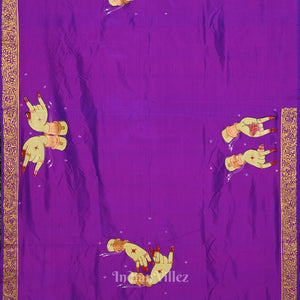 Purple Rasleela Hand-Painted Theme Pattachitra Silk Saree