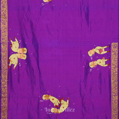 Purple Rasleela Hand-Painted Theme Pattachitra Silk Saree