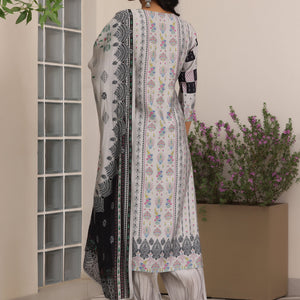 Grey Printed Silk Blend Straight Suit With Dupatta