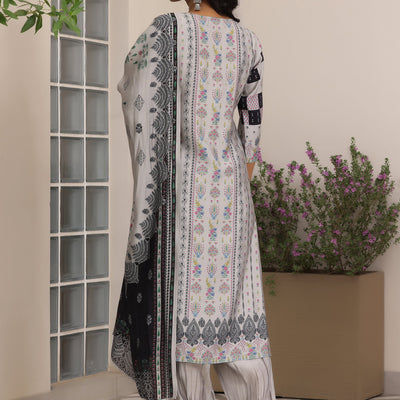 Grey Printed Silk Blend Straight Suit With Dupatta