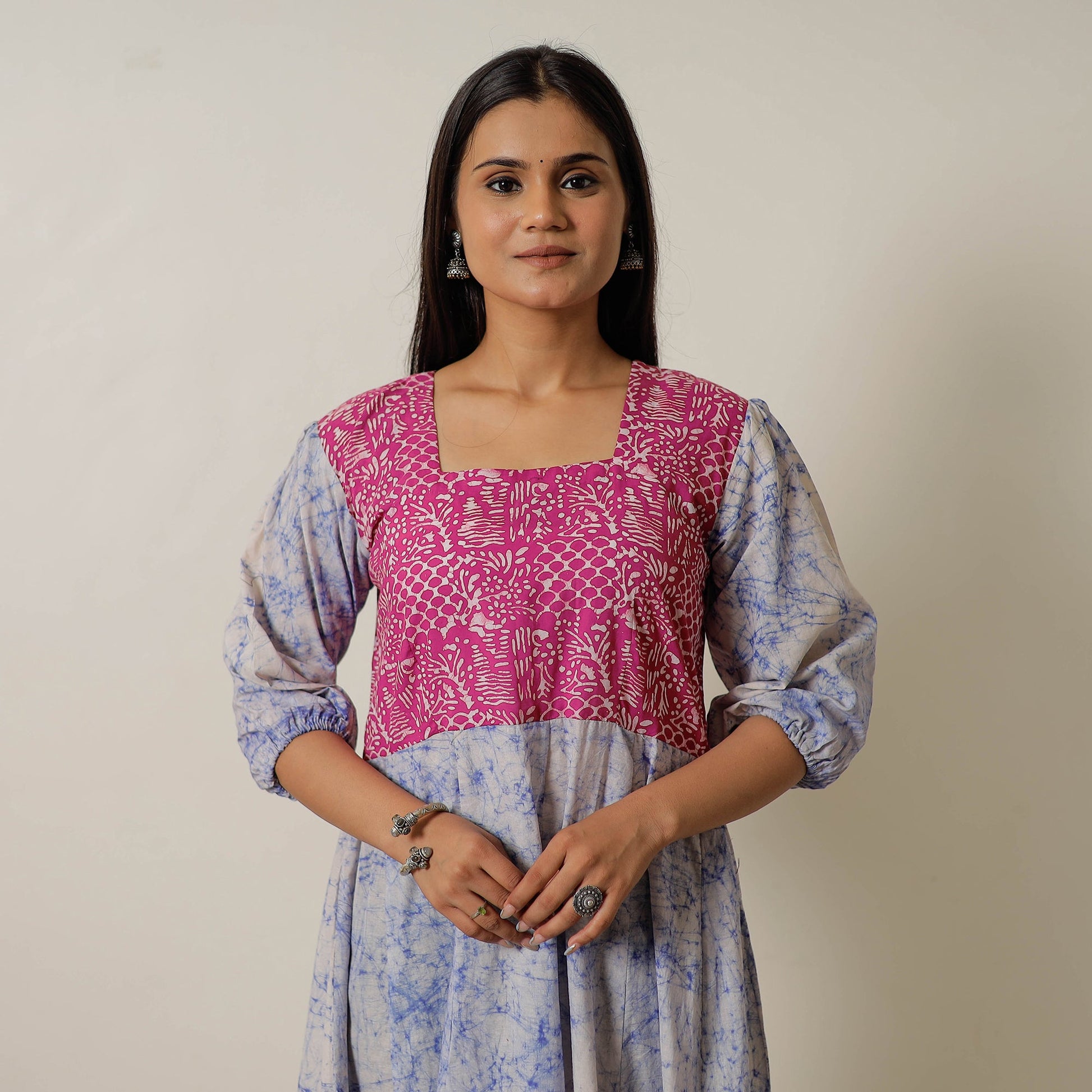 Blue - Hand Batik Printed Cotton Flared Dress 03
