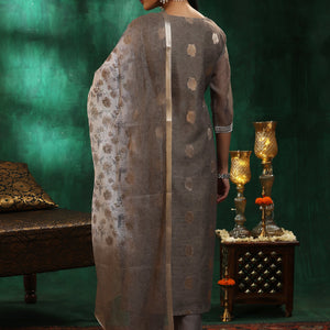 Green Woven Design Silk Blend Straight Suit With Dupatta