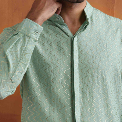 trueBrowns Men's Green Cotton Dobby Front Open Short Kurta
