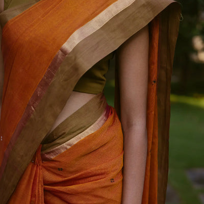 Orange Handloom Village Cotton Saree With Plus Buttas