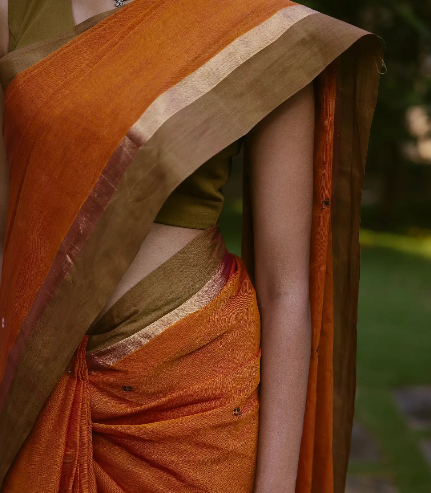 Orange Handloom Village Cotton Saree With Plus Buttas