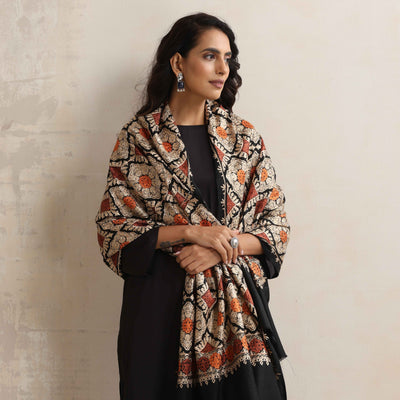 trueBrowns Black Embroidered Woollen Stole