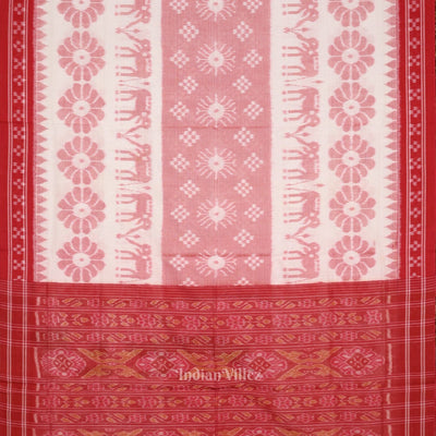 White Red Elephant 3d Pasapali Sambalpuri Ikat Pure Cotton Saree