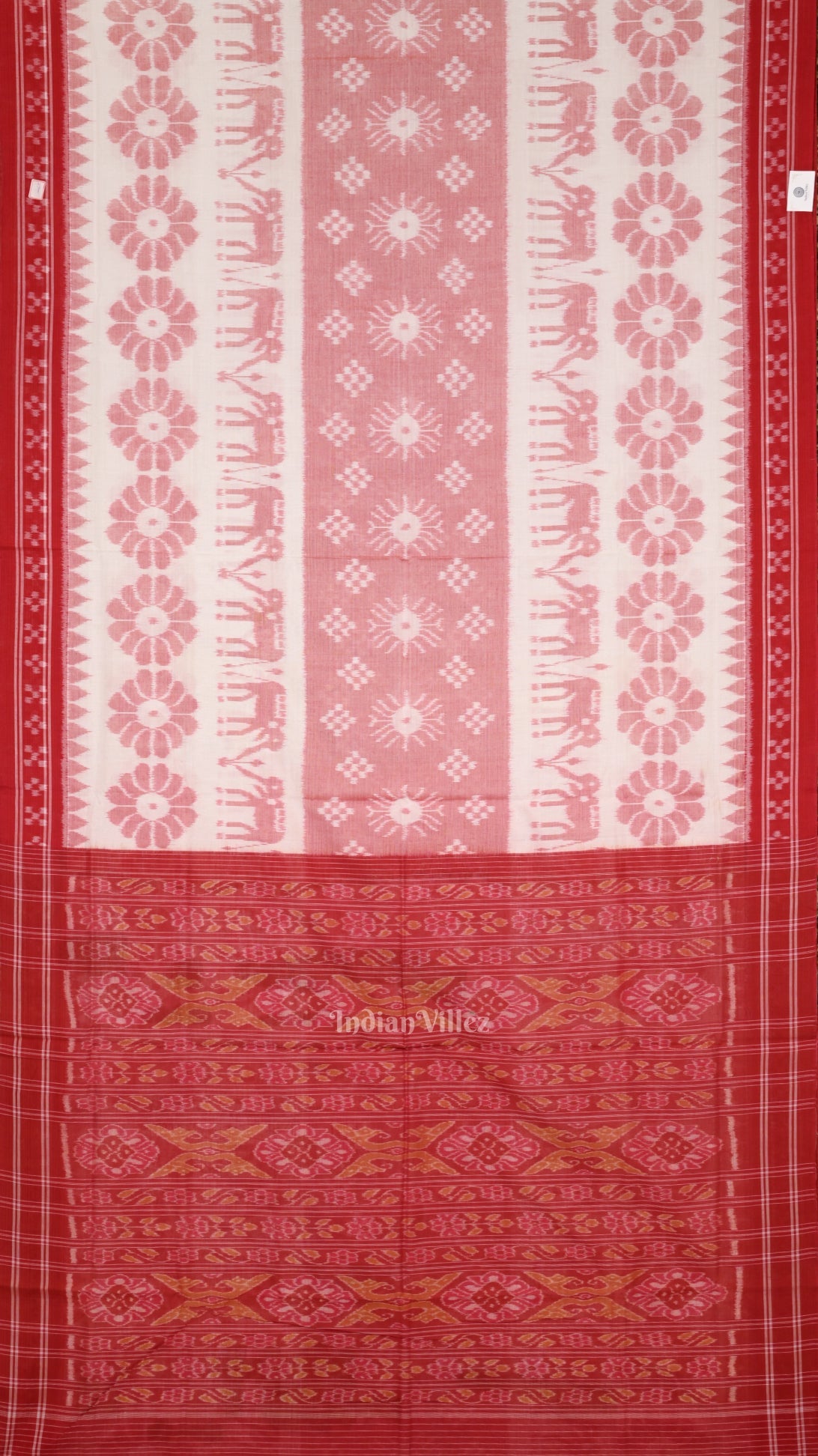 White Red Elephant 3d Pasapali Sambalpuri Ikat Pure Cotton Saree