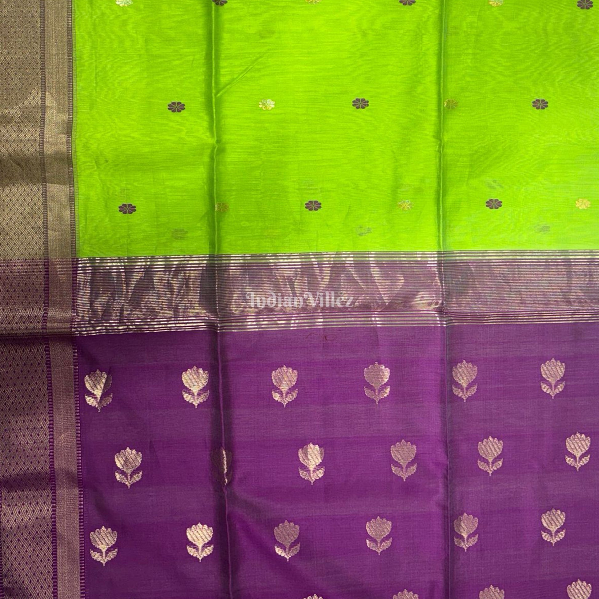 Parrot Green Butta Design Maheshwari Handloom Cotton*Silk Saree