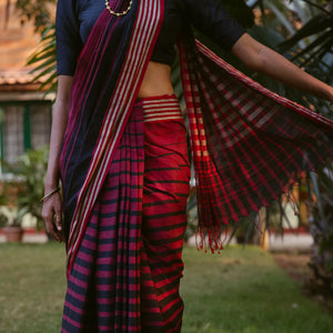 Maroon Handloom Bengal Cotton Saree With Red and Black Gradient stripes