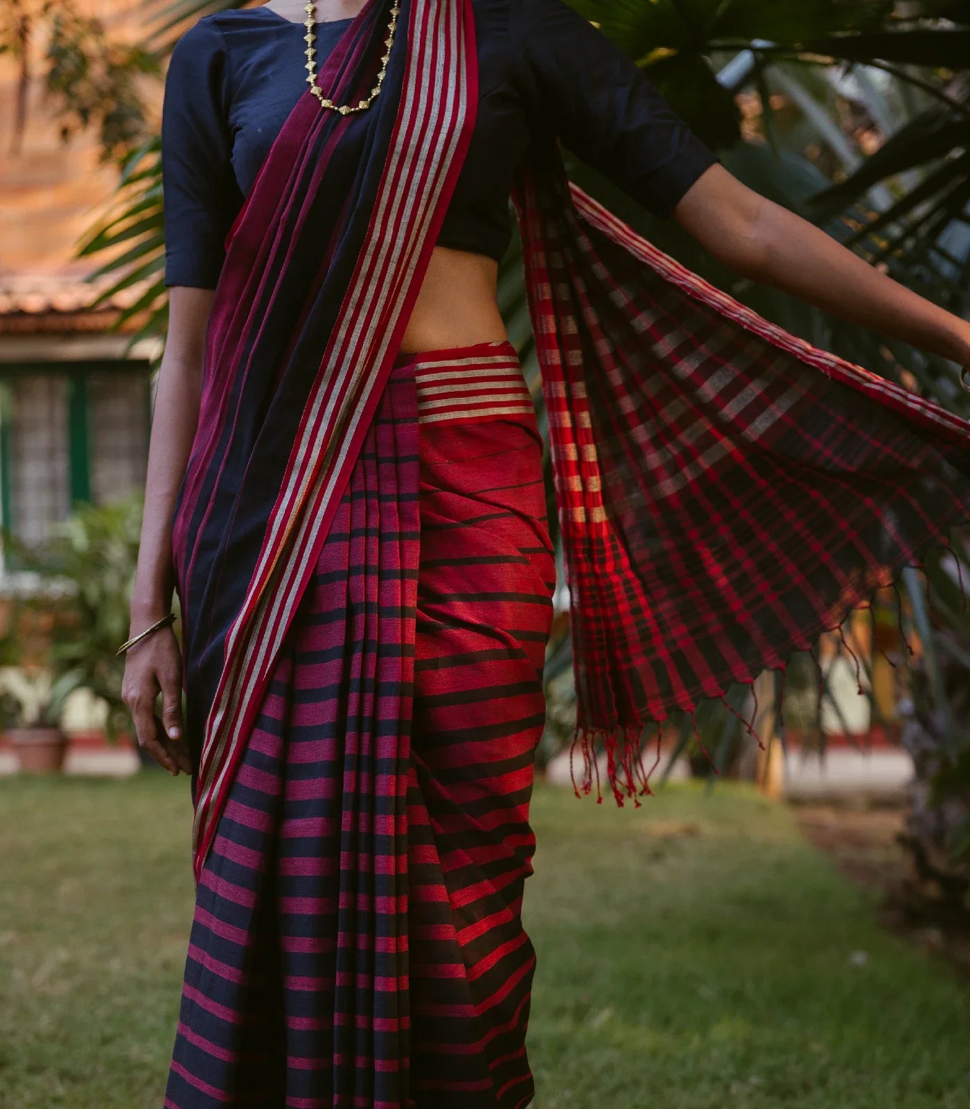 Maroon Handloom Bengal Cotton Saree With Red and Black Gradient stripes