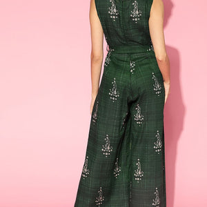 Green Cotton Sleeveless Ethnic Motifs Jumpsuit VJMP1024