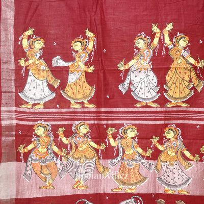 Maroon Nartaki Theme Hand-Painted Pattachitra Saree