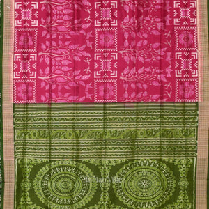 Magenta Pink Mehendi Birds Tree Sambalpuri Silk Saree