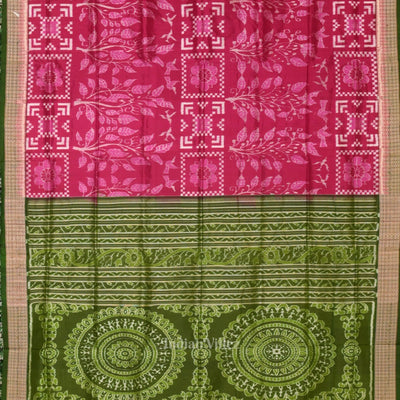 Magenta Pink Mehendi Birds Tree Sambalpuri Silk Saree