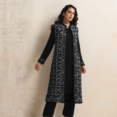 trueBrowns Black Kashmiri Woollen Jacket 3pc Set
