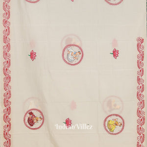 White Maa Laxmi  Gurubara Manabasa Theme Hand-Painted Pattachitra Saree