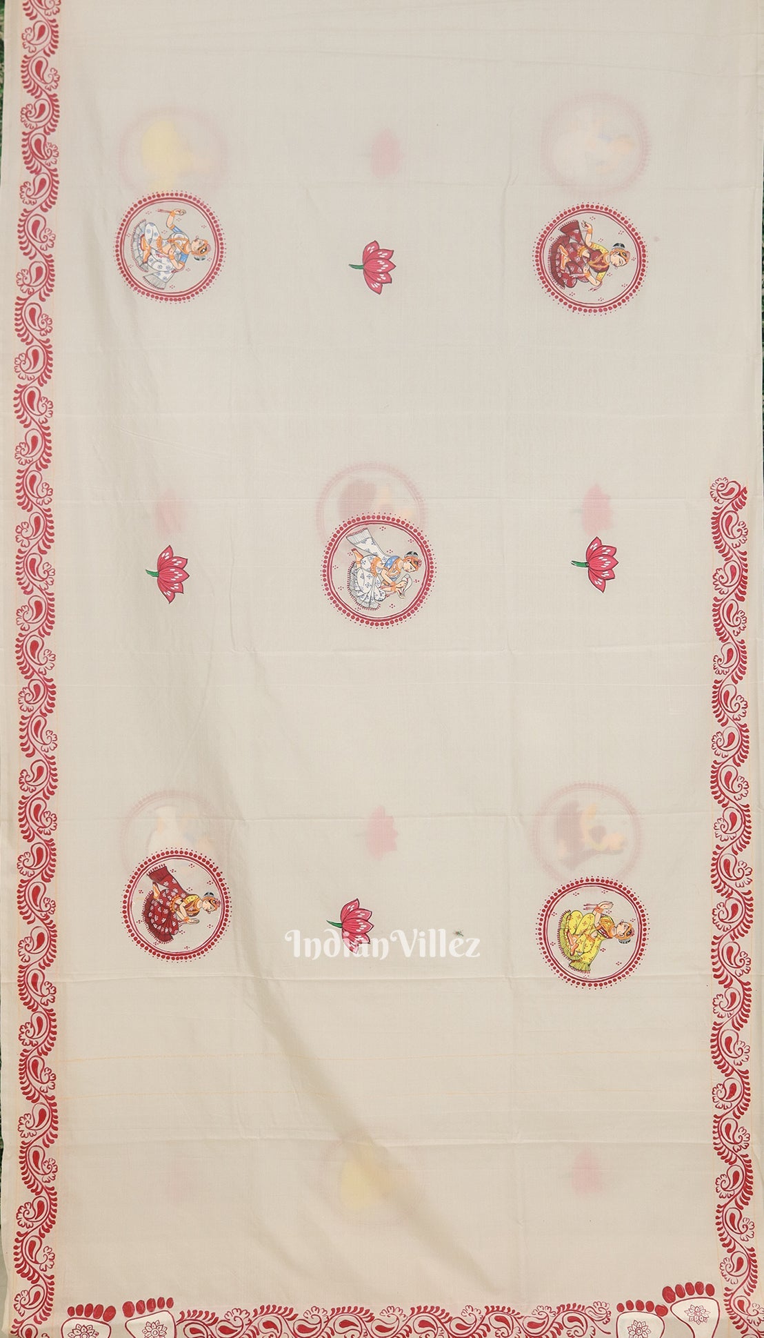 White Maa Laxmi  Gurubara Manabasa Theme Hand-Painted Pattachitra Saree