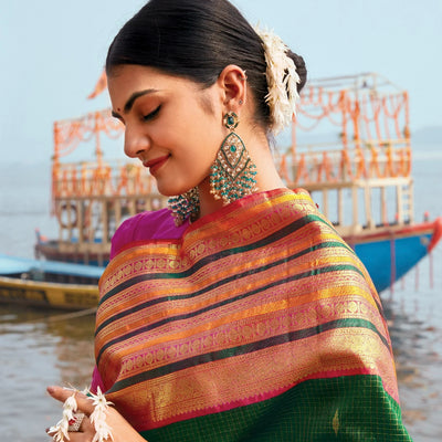 Green Handloom Kanchipuram Korvai Silk Saree With Checks & Buttas-Green